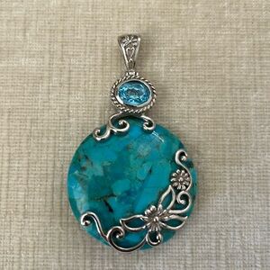 Large Round Turquoise/Blue Topaz Pendant Flower Heart NF 925 Sterling Si…